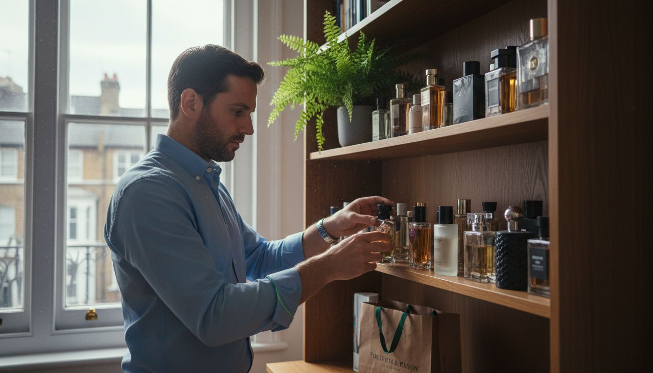 Man arranging cologne bottles on shelf