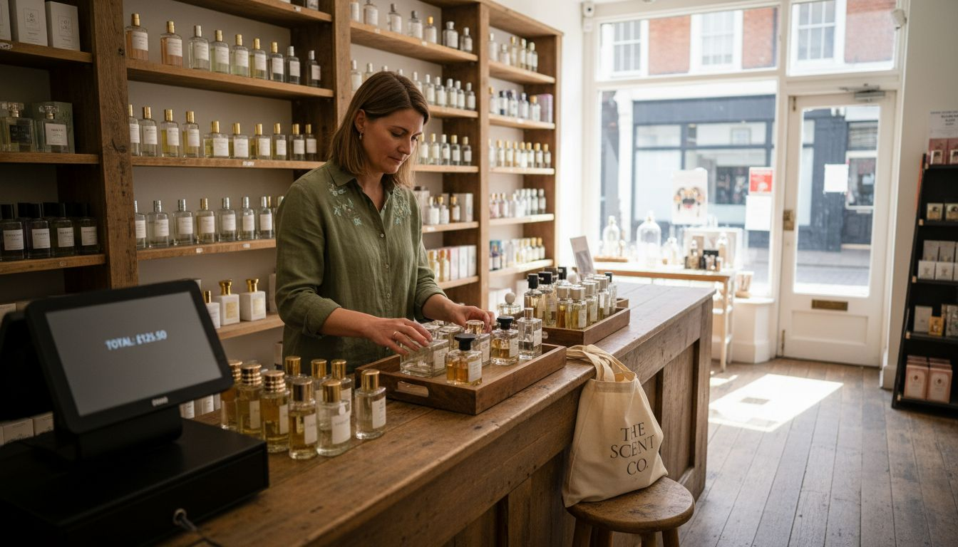 Fragrance UK shop owner arranging perfume bottles