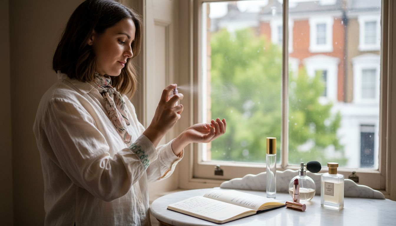 Woman testing fruity perfume at bright vanity