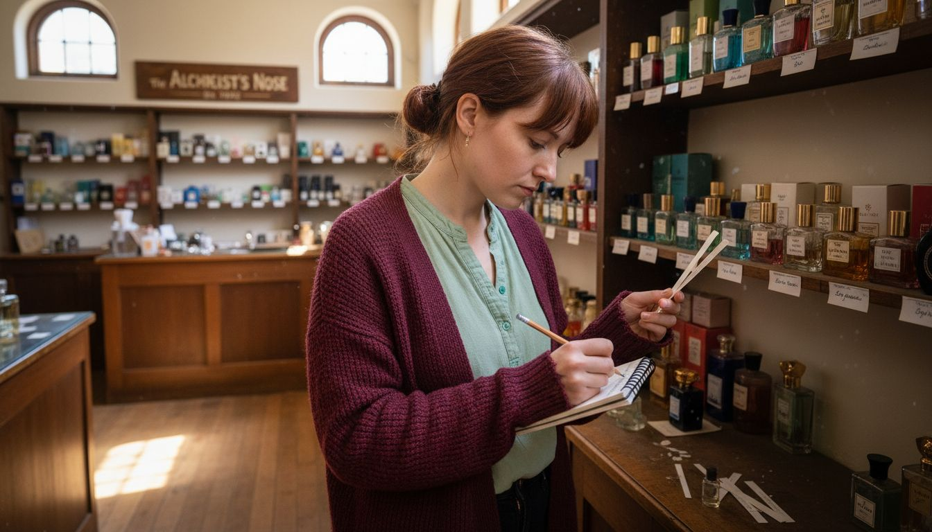Woman testing perfumes in small shop