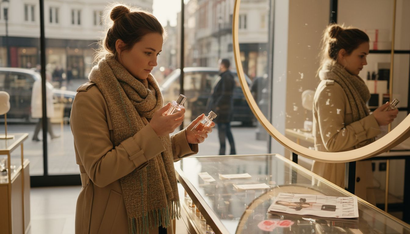 Woman deciding between niche and designer perfumes