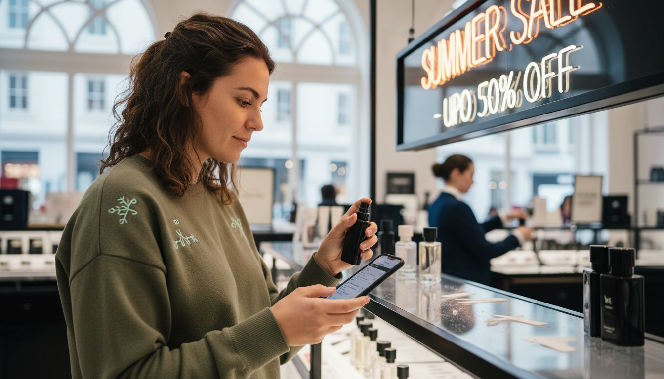 Woman shopping for perfume in UK store