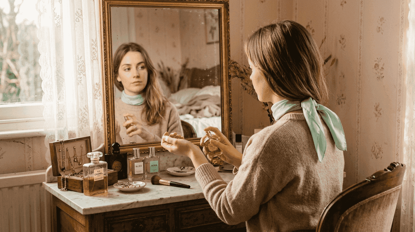 Woman applying perfume at vintage vanity