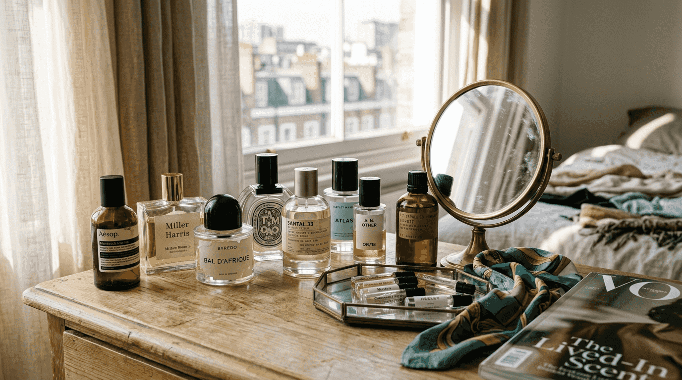 Affordable niche perfumes on wooden vanity