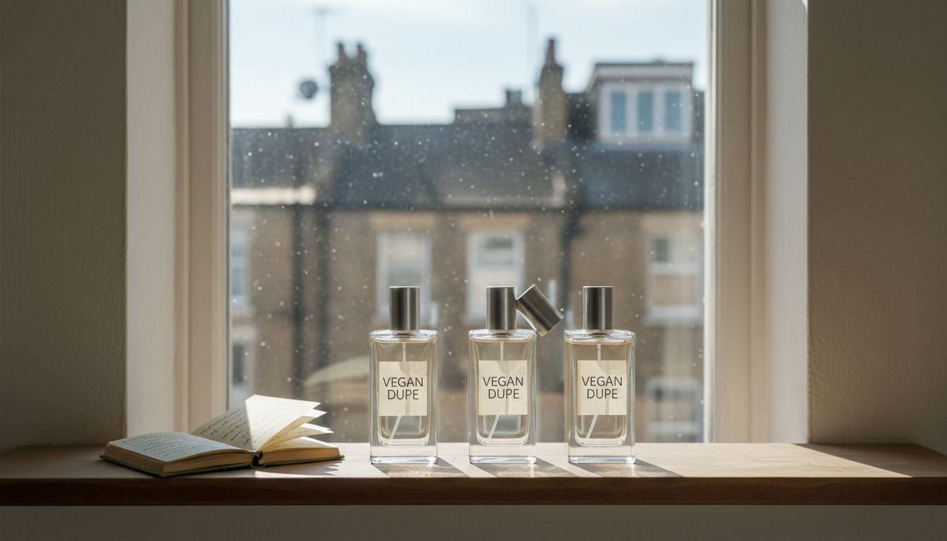 Vegan perfume dupe bottles on apartment shelf