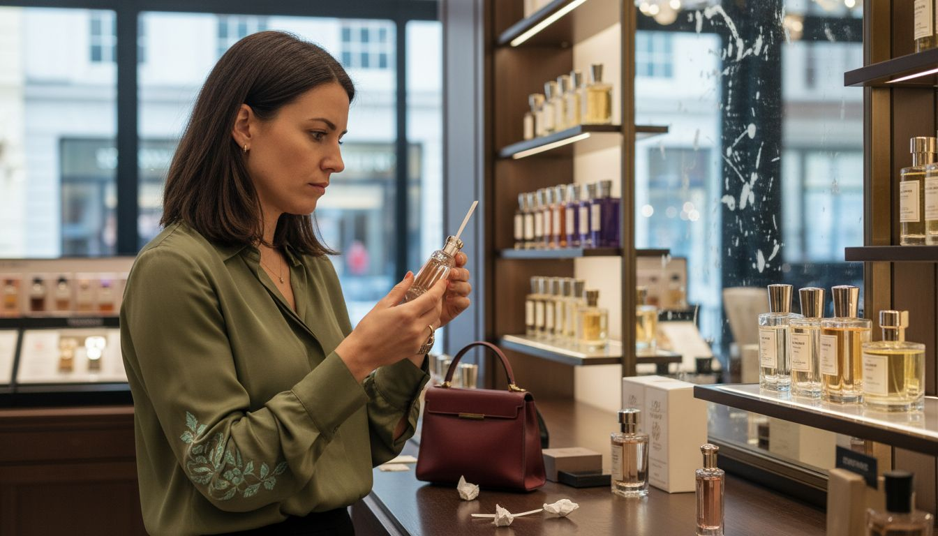 Woman testing perfumes at department store counter