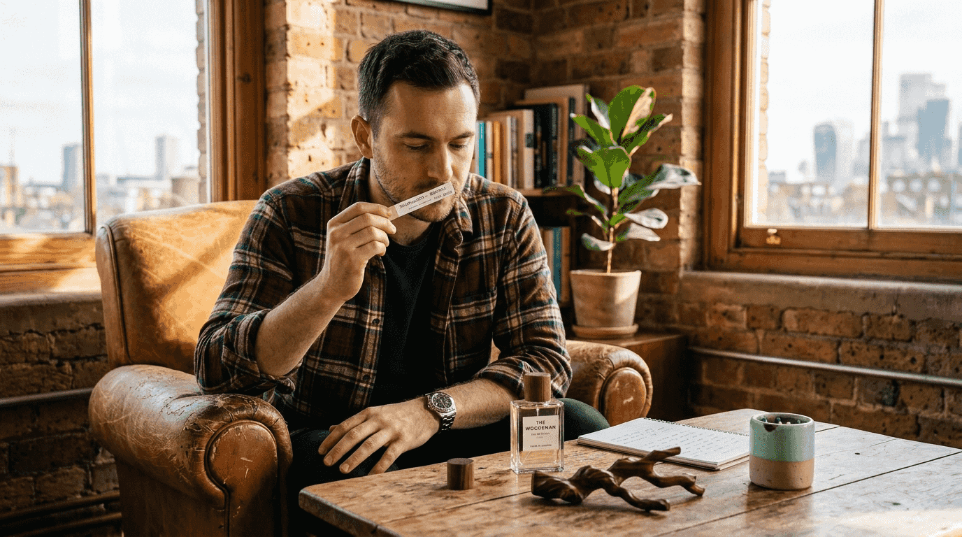Man smelling woody fragrance in cozy apartment