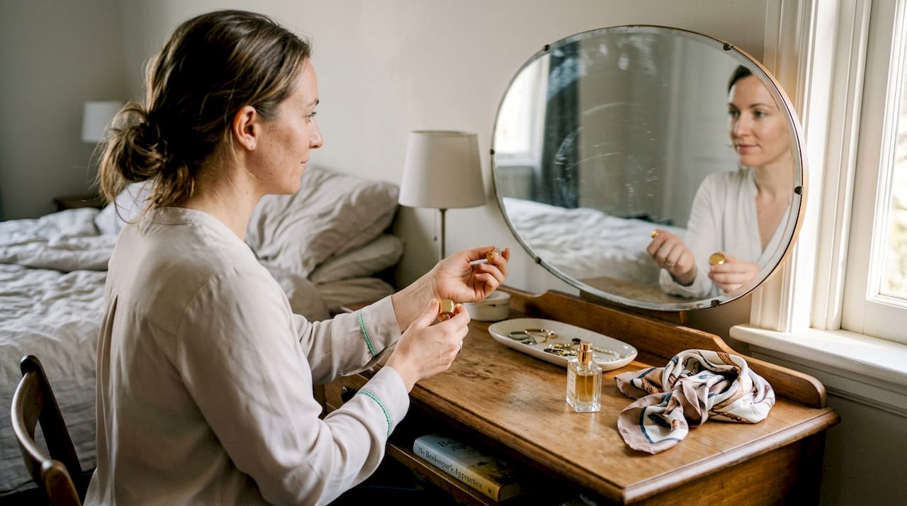 Woman applying extrait perfume at bedroom vanity
