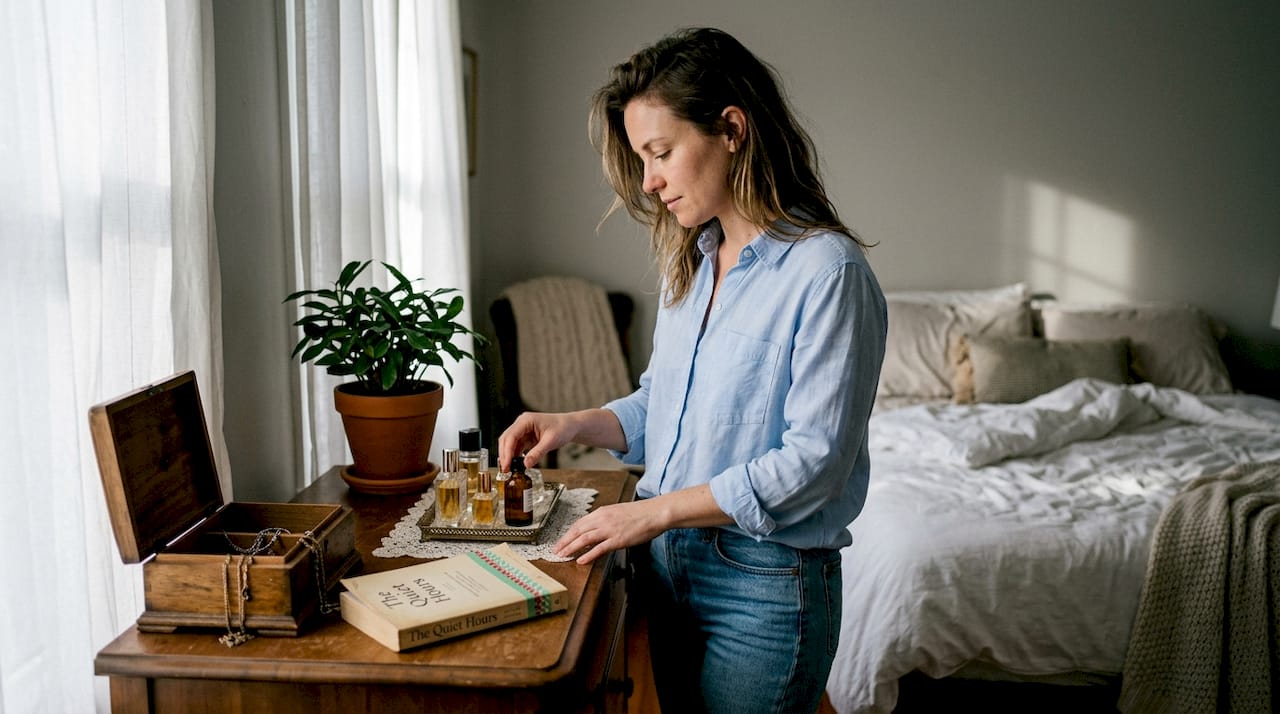Woman selecting perfume at bedroom dresser