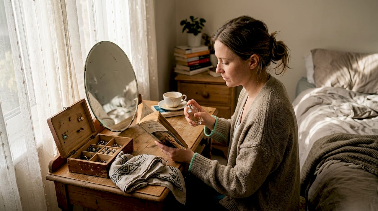 Woman misting perfume at bedroom dressing table