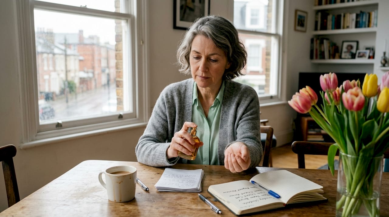Woman applying perfume in daily morning routine