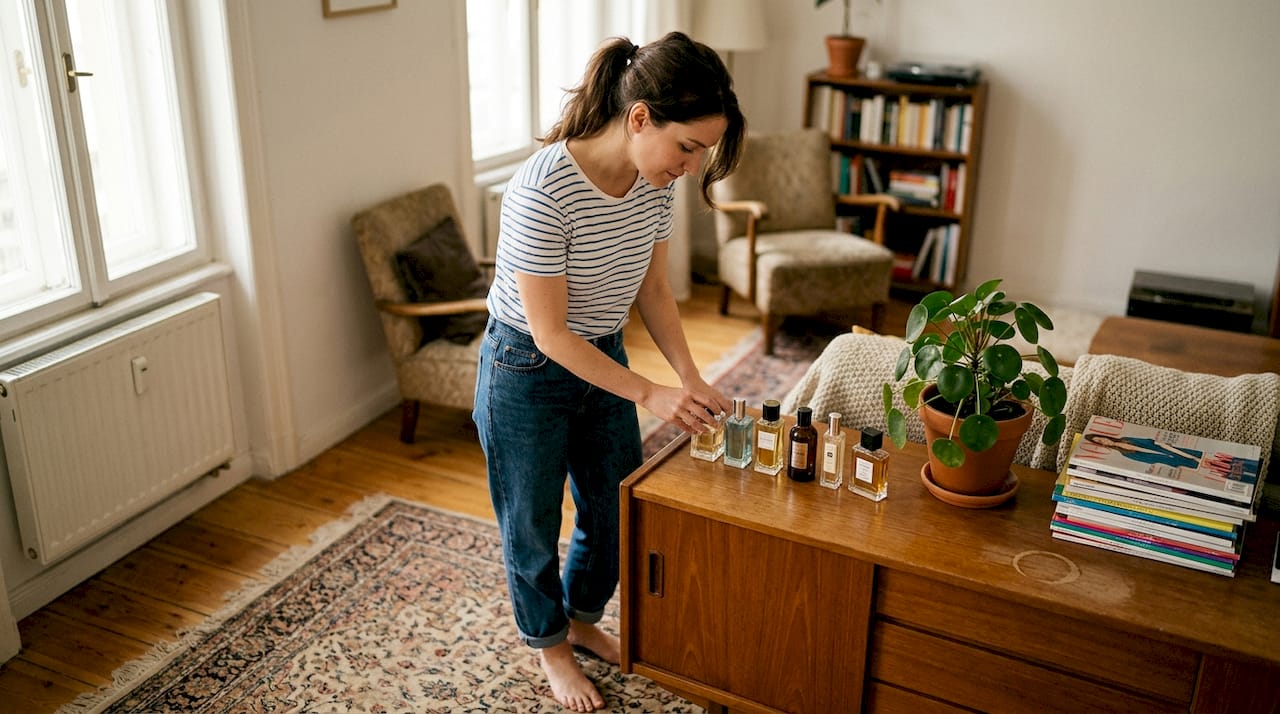 Une femme hésite devant sa collection de parfums, cherchant celui qu’elle portera aujourd’hui.