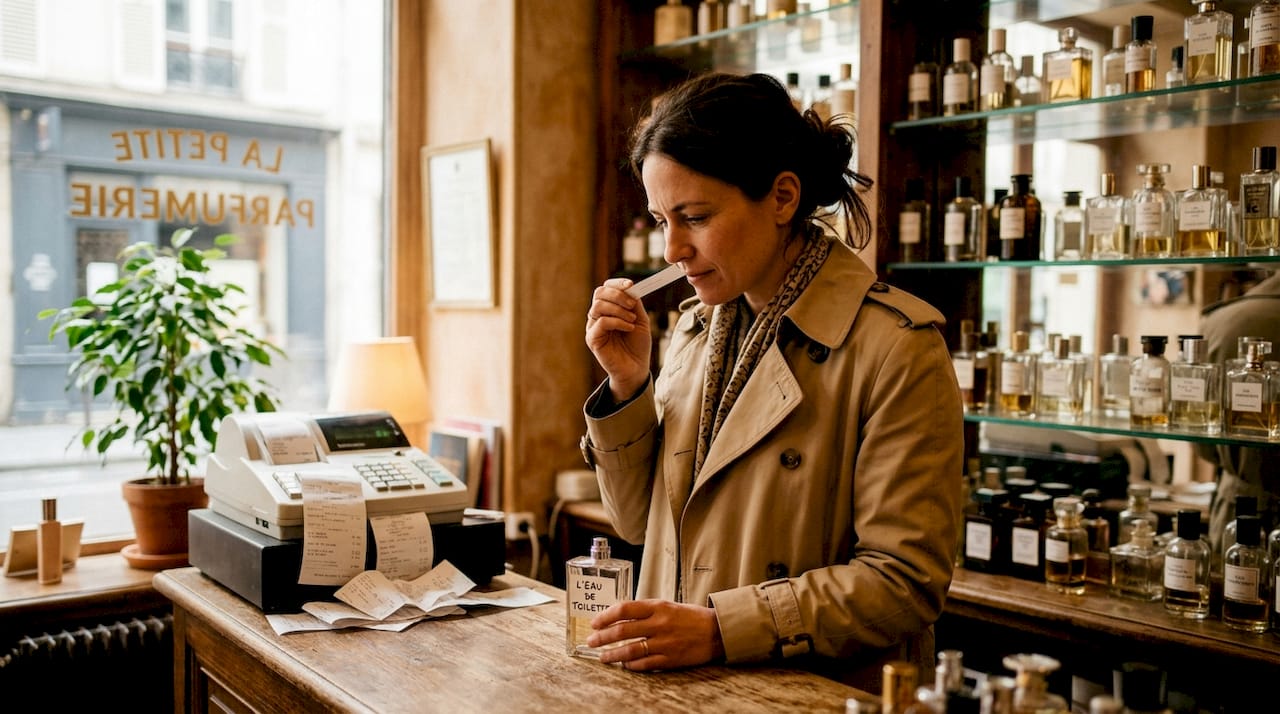 Une femme découvre de nouveaux parfums en testant différentes fragrances dans une parfumerie chic.