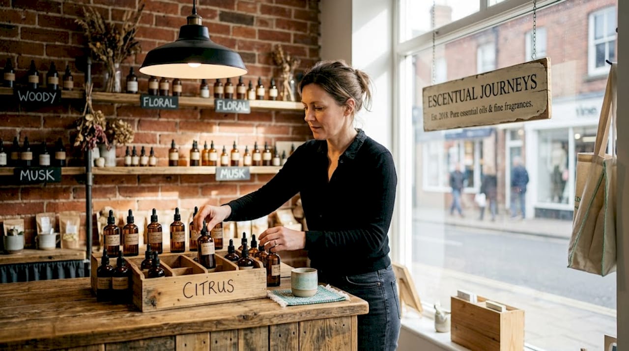 Manager organizing ethical fragrance bottles in boutique