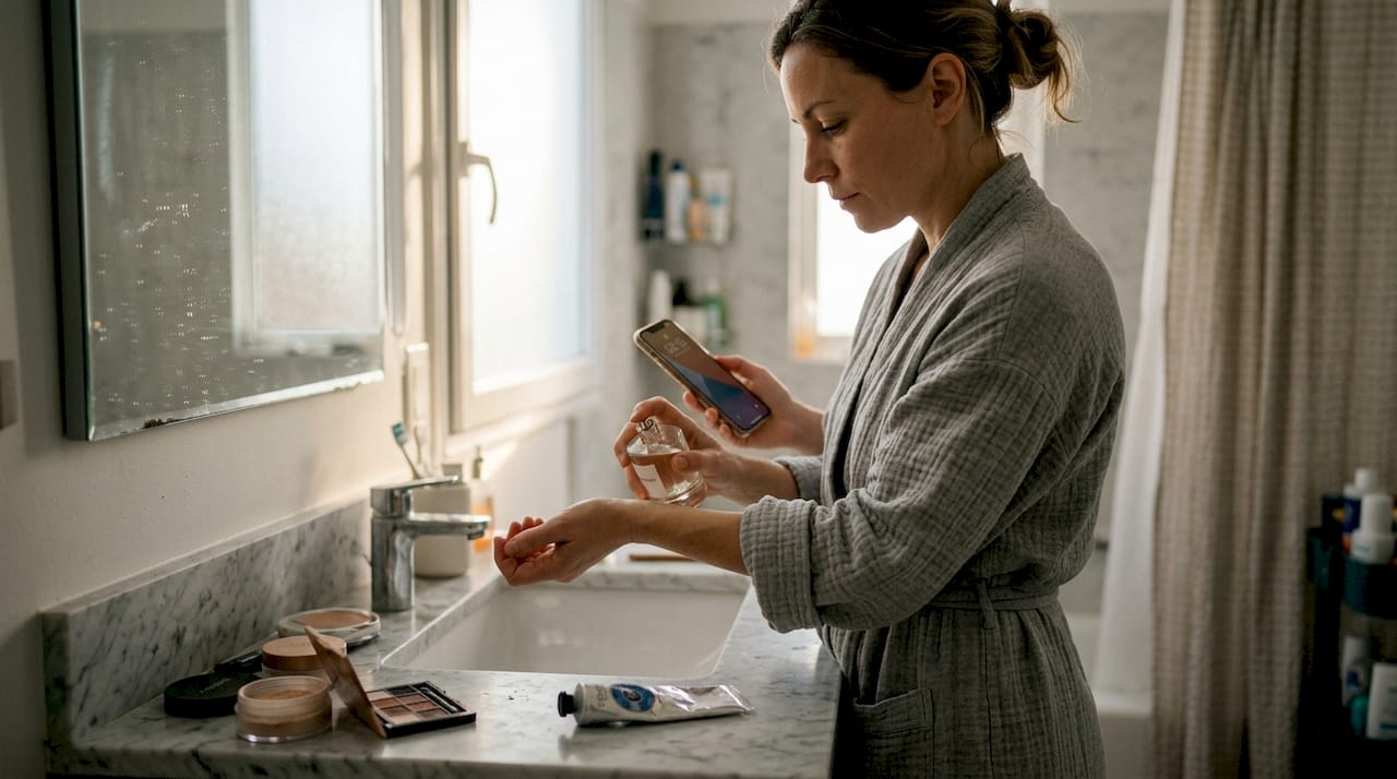 Une femme se parfume devant le miroir de la salle de bain.