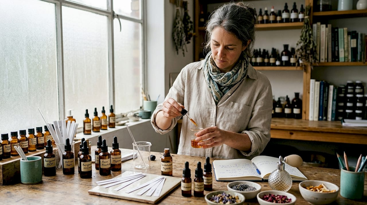 Perfumer blending scents in art studio