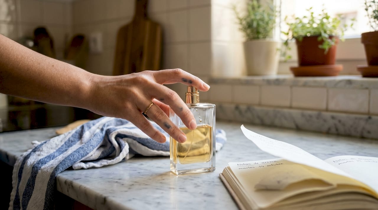 Un frasco de extracto de perfume colocado sobre la encimera de la cocina.