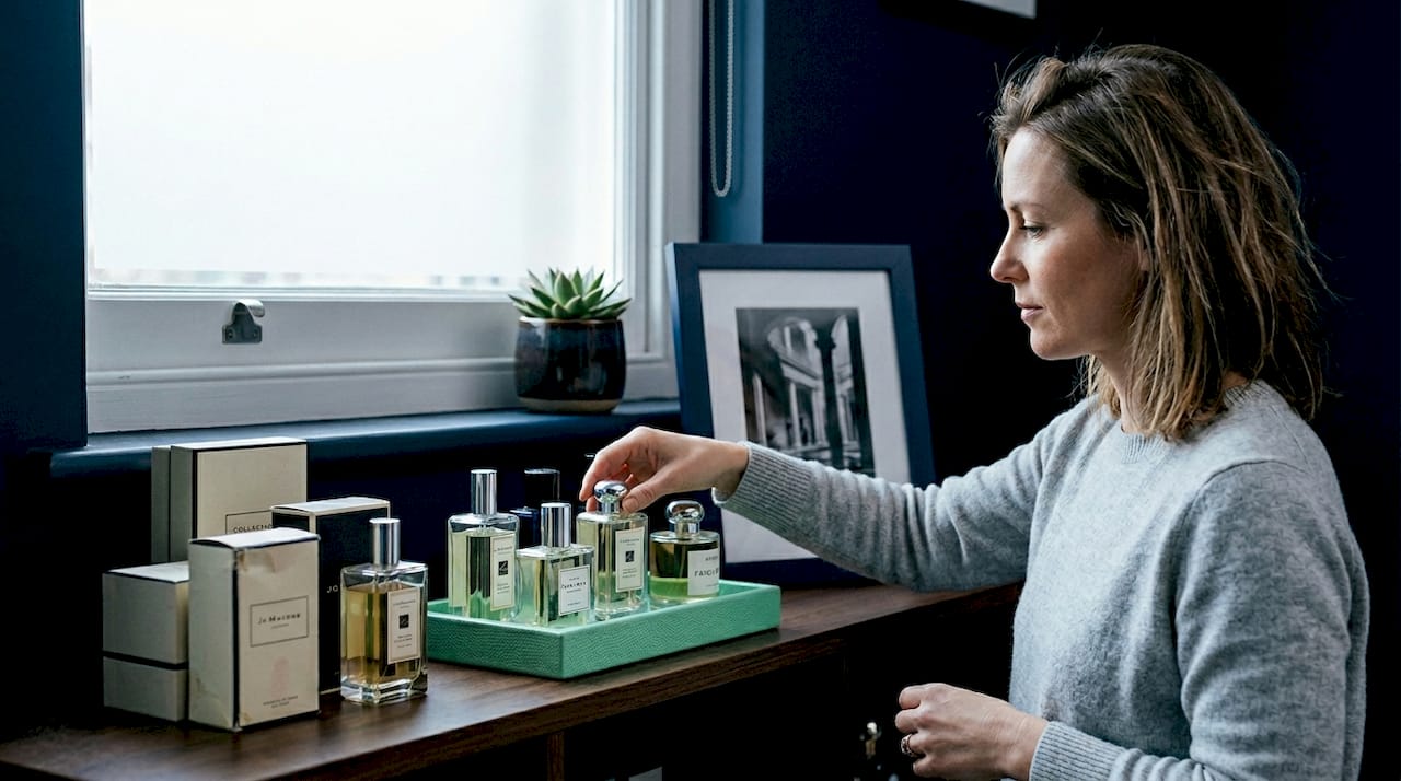 Woman arranging perfumes in bedroom shelf