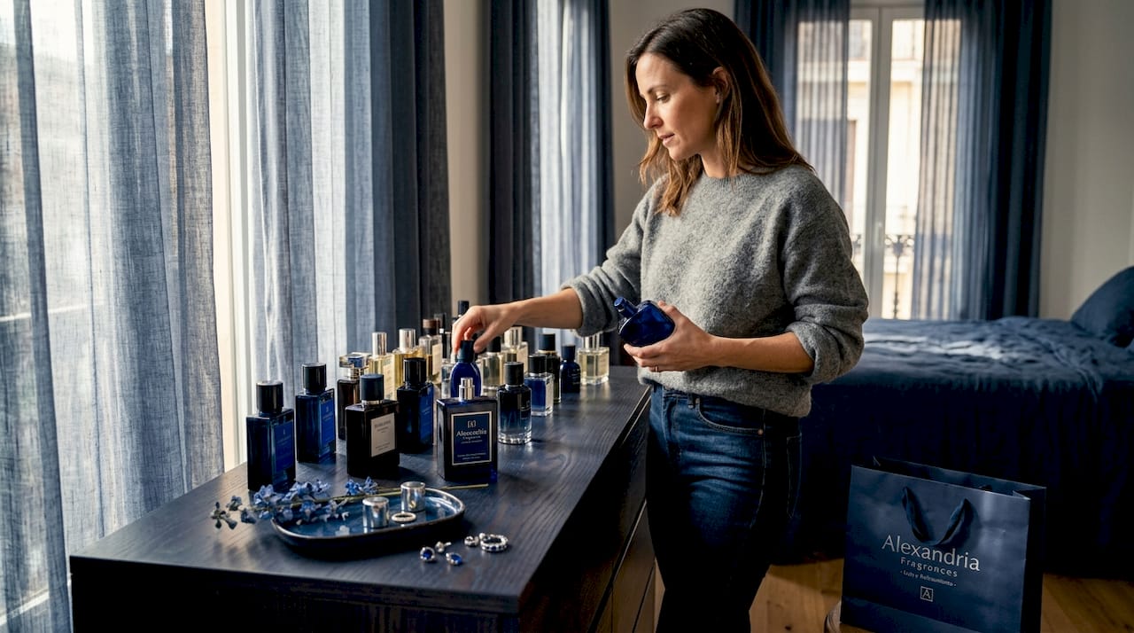 Una mujer coloca y ordena cuidadosamente sus frascos de perfume en casa, asegurándose de que cada uno tenga su lugar en la estantería.