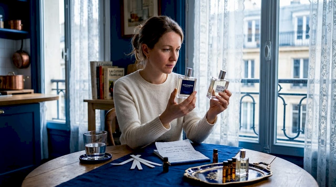 Assise à sa table de cuisine, une femme hésite entre deux flacons de parfum, les comparant attentivement.