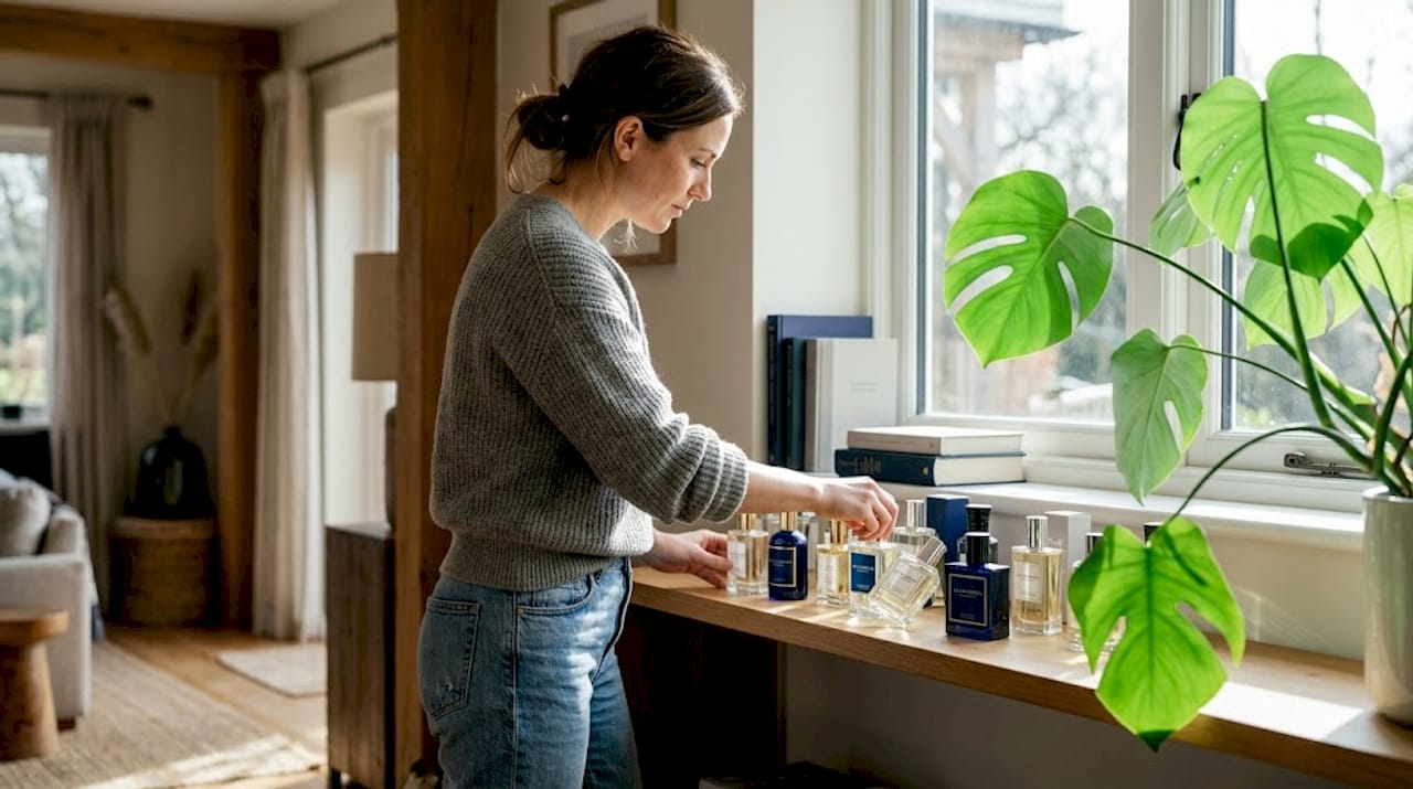 Woman choosing fragrance bottles by season