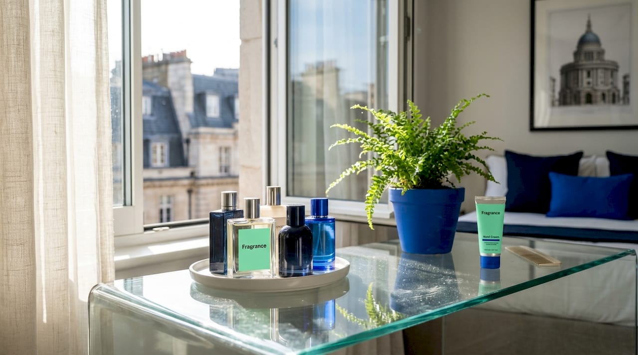 Lightweight summer perfume bottles on sunny vanity