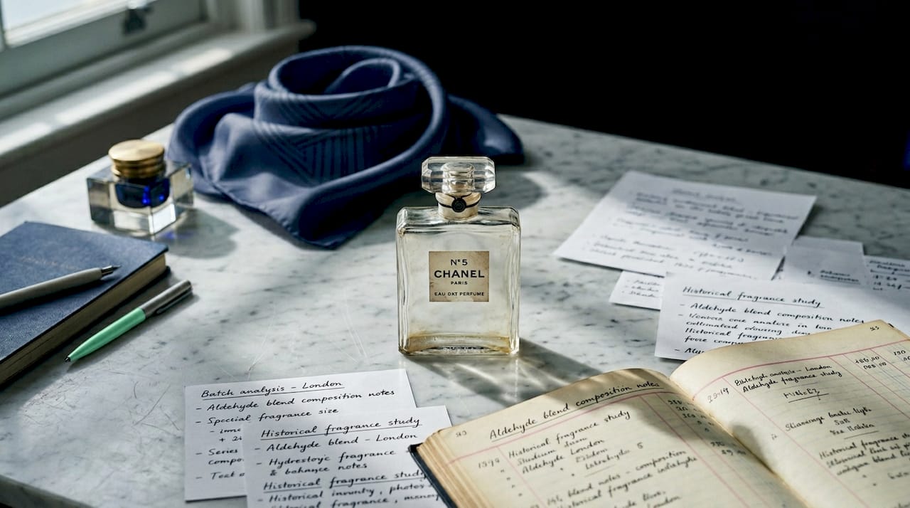 Chanel No 5 bottle on marble studio table
