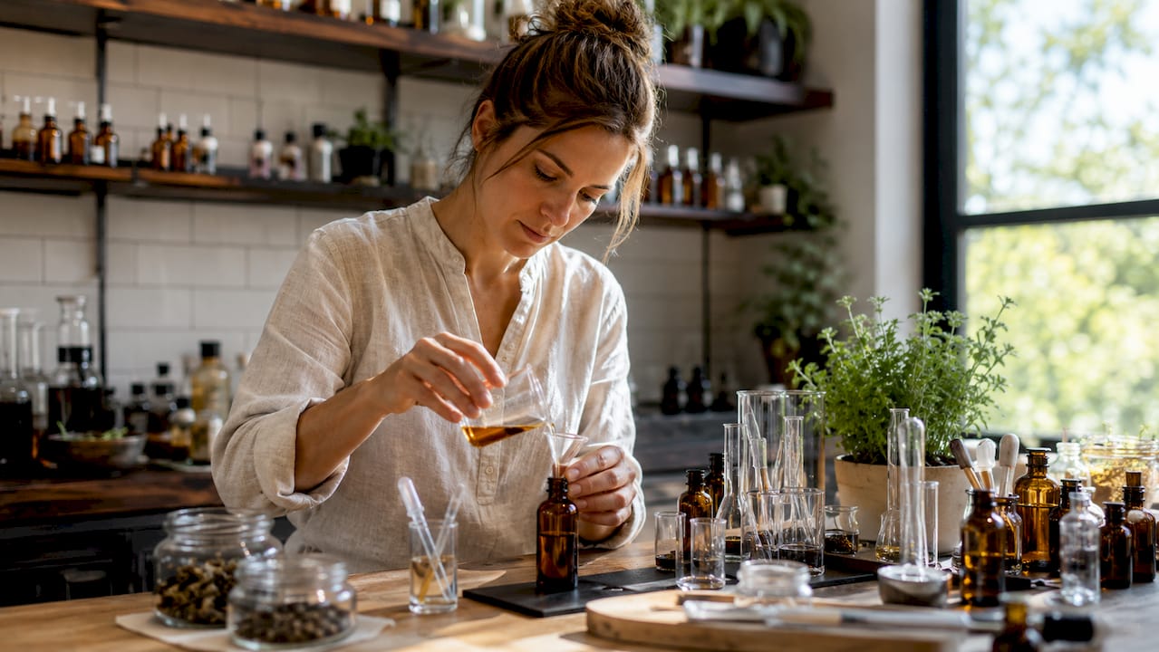 Dans son atelier, un artisan parfumeur compose minutieusement ses fragrances en mariant différentes huiles essentielles avec savoir-faire.