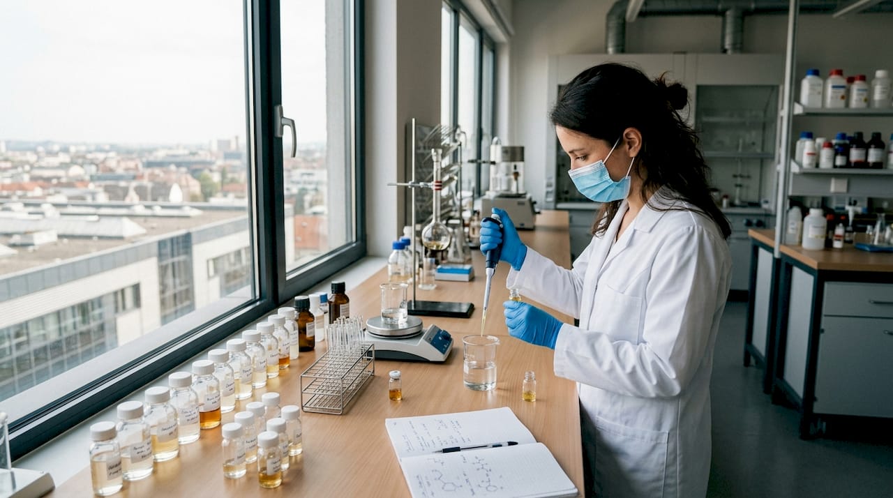 Un chimiste élabore un parfum de synthèse dans son laboratoire.