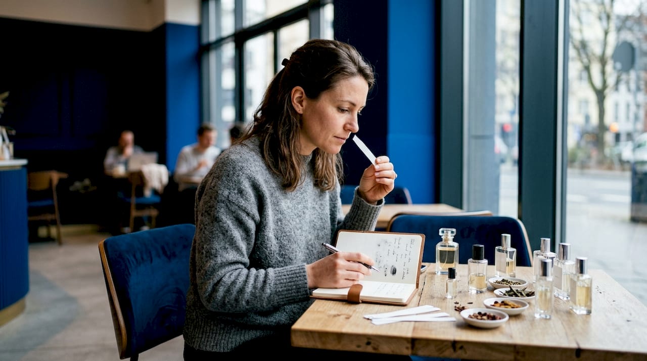 Une femme découvre de nouveaux parfums en testant des échantillons rares chez elle.