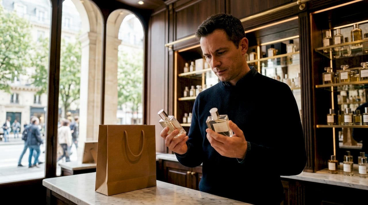 Alguien analizando las diferencias entre un perfume original y su versión de imitación.