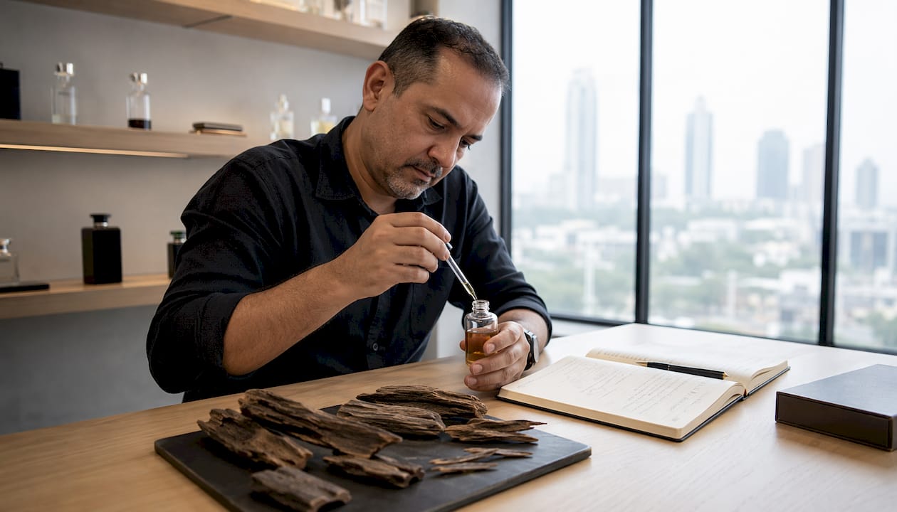 Un perfumista crea nuevas fragancias combinando esencias de oud en su laboratorio.