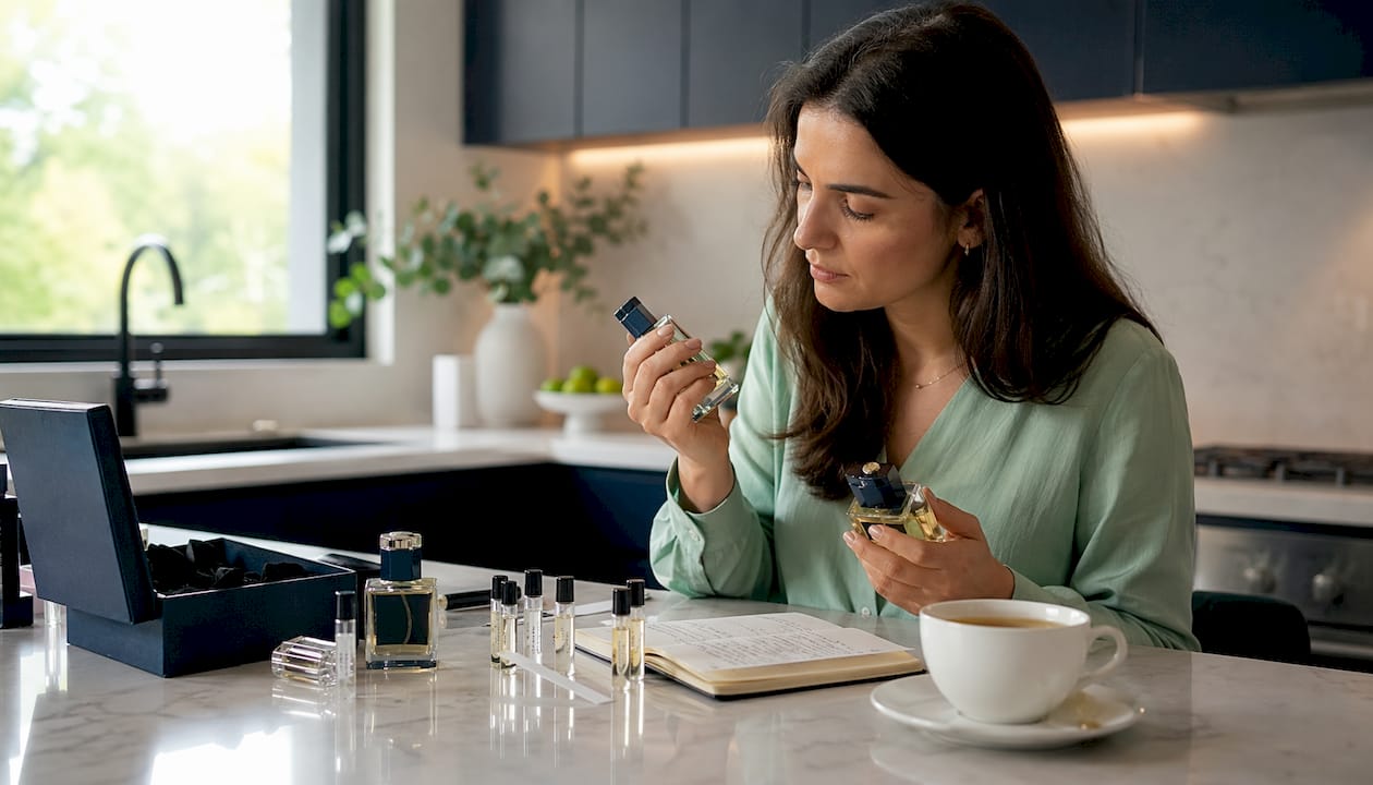 Woman examining musky perfume bottles at home