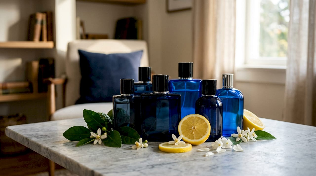 Frascos de perfume elegantes, ligeramente desenfocados, acompañados de ingredientes naturales