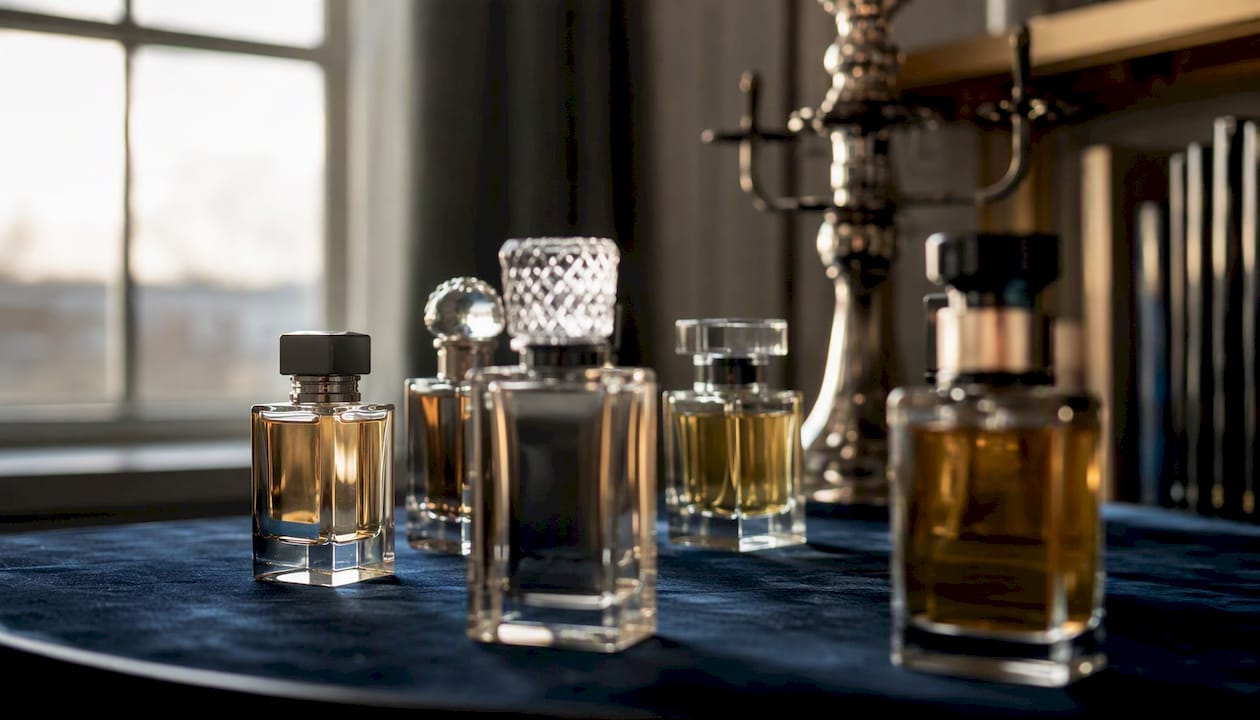 Des flacons de parfum aux lignes raffinées posés sur un écrin de velours