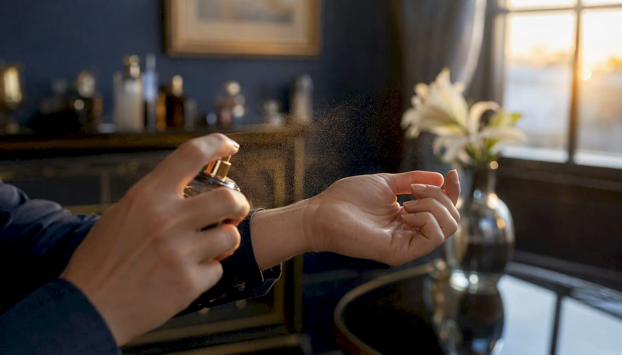 Aplicando perfume en polvo sobre la muñeca