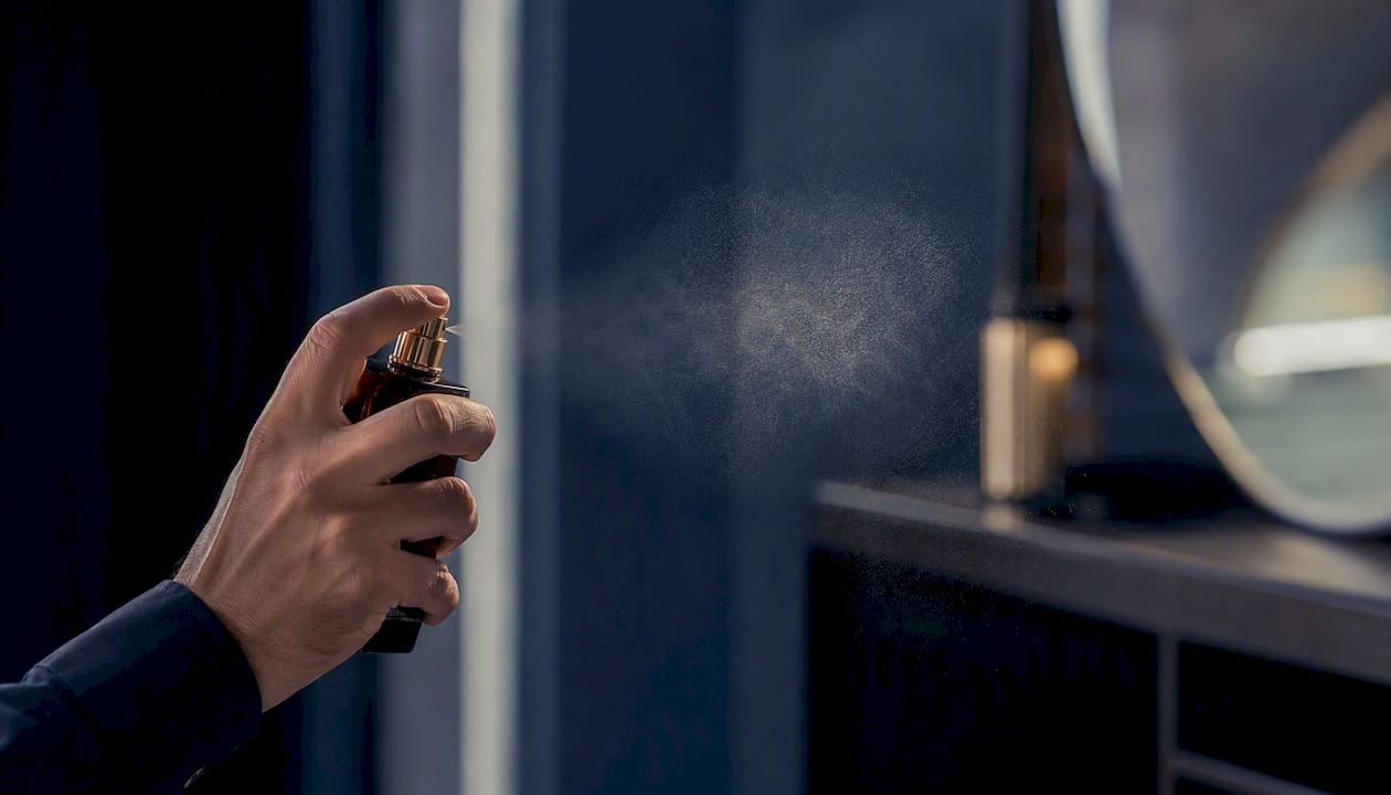 Close-up of oud perfume spray mist