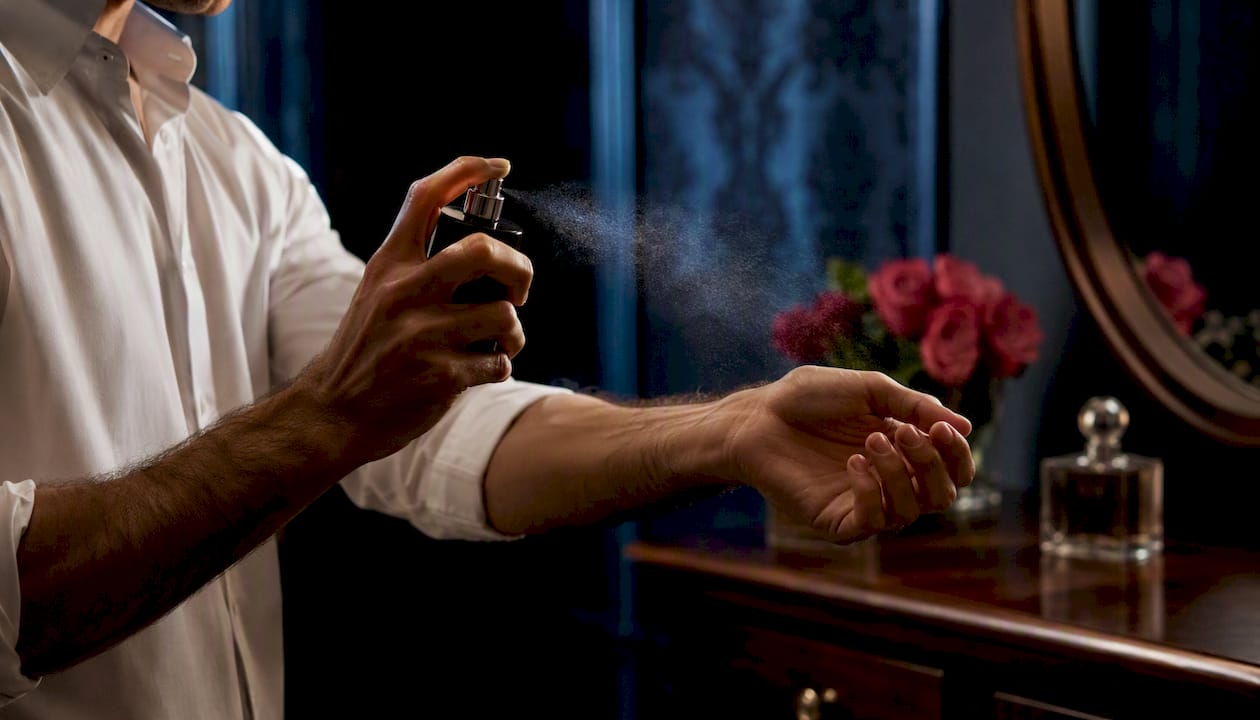 Man spraying floral cologne on wrist