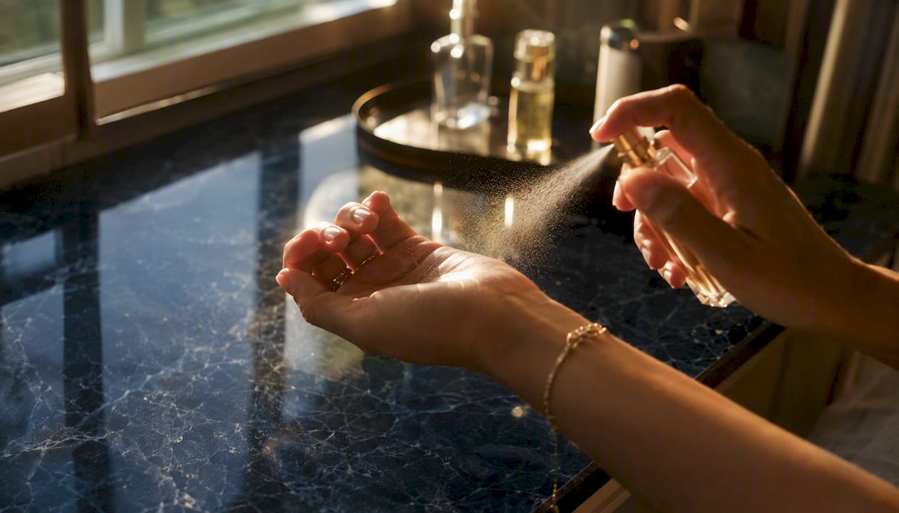 Hand spraying perfume on wrist close-up