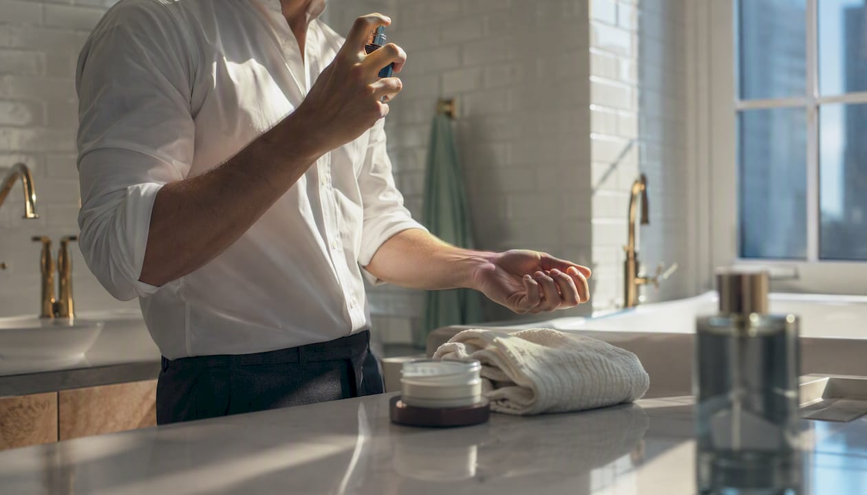 Man applying cologne on neck and wrists