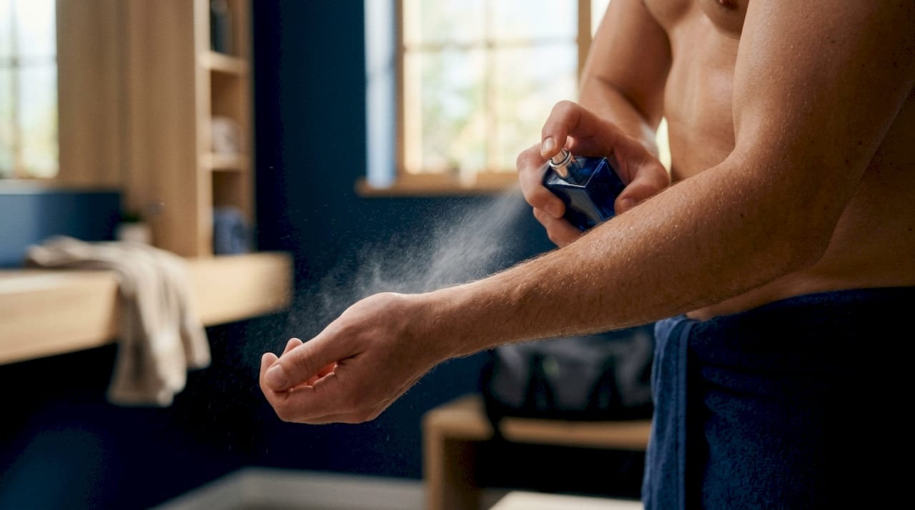 Hombre aplicándose una bruma refrescante después de entrenar