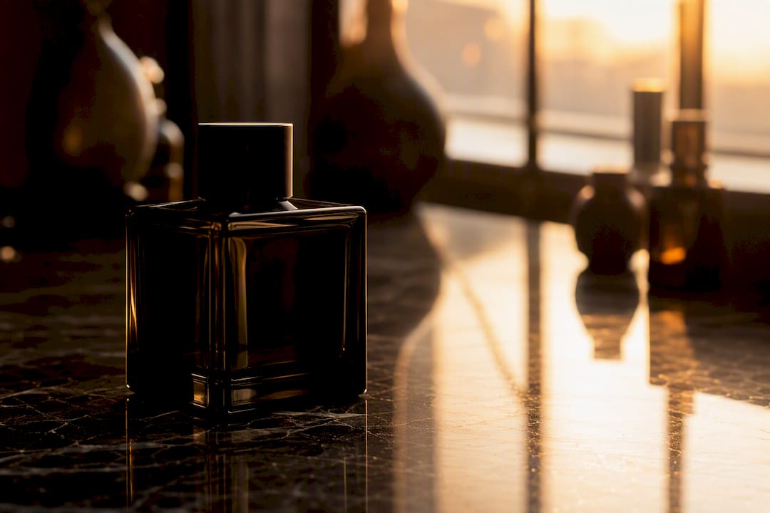 Primer plano de la botella de extrait de perfume y sus ingredientes