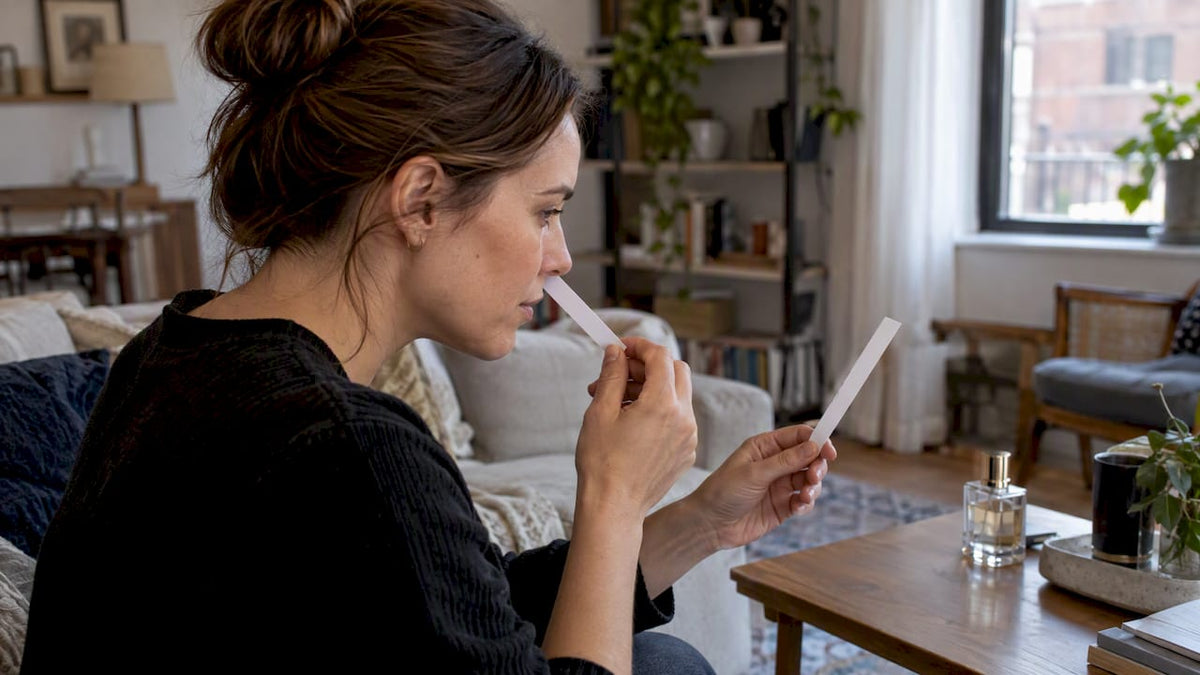 Mujer evalúa tiras aromáticas en casa